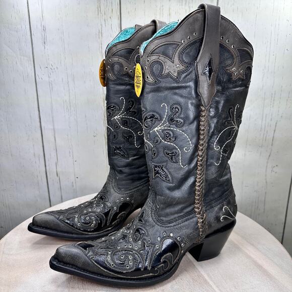 CORRAL Womens Tall Cowboy Boots 9 M Black Studded Overlay Crystal Boot C3934 NWT - Picture 4 of 13